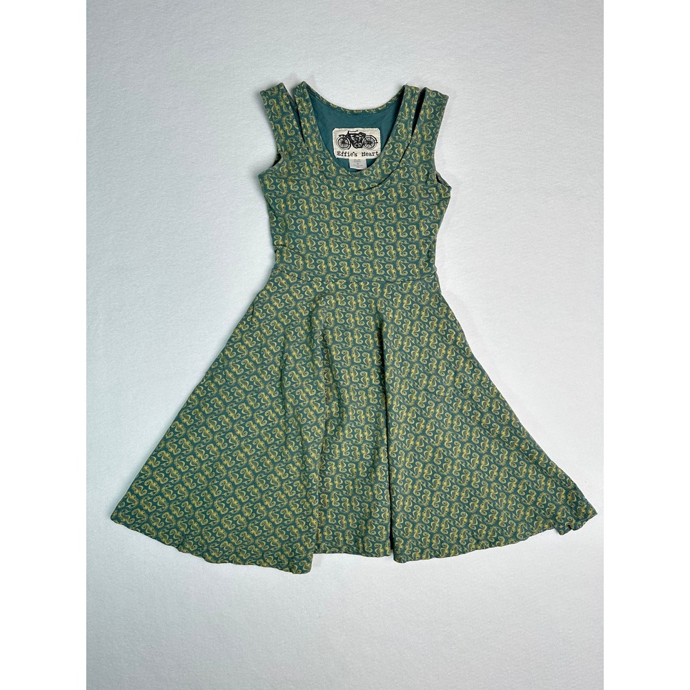 Effies Heart Teal Yellow Seahorse Print Fit Flare Dress Sleeveless XS Pockets